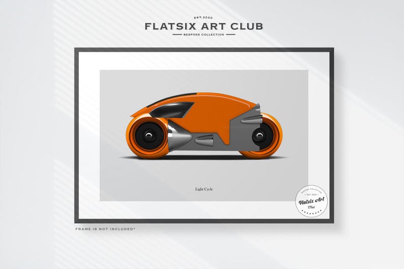 May include: Framed art print featuring an orange and silver Light Cycle design. The artwork includes the text "FLATSIX ART CLUB" and "Light Cycle". The frame is black and the background is white.