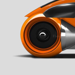 May include: Close-up of a futuristic orange and black vehicle component. The design features a circular orange element with a black center, accented by silver and black details. The overall aesthetic suggests a modern, high-tech theme.