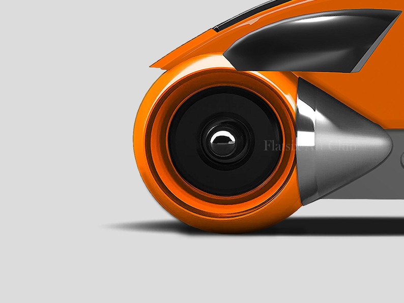 May include: Close-up of a futuristic orange and black vehicle component. The design features a circular orange element with a black center, accented by silver and black details. The overall aesthetic suggests a modern, high-tech theme.