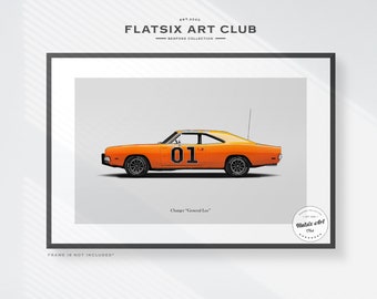 1969 Dodge Charger "General Lee" Sketched Art Print: Duke of Hazzard Movie Car Poster