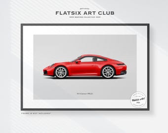 May include: A red Porsche 911 Carrera (992.2) sports car is shown in profile against a white background. The car is a modern design with sleek lines and a low profile. The image is part of a collection of art prints called "Flatsix Art Club".