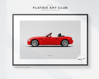 May include: A framed print featuring a red Z3 Roadster car. The car is depicted in profile against a white background. The print includes the text "FLATSIX ART CLUB" and "Z3 Roadster". The frame is black.