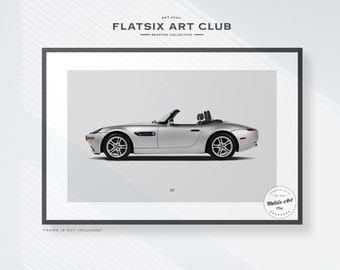 May include: A silver BMW Z8 roadster with the top down, against a white background. The car is in profile view, with the driver's side facing the viewer. The car is part of the Flatsix Art Club Bespoke Collection.