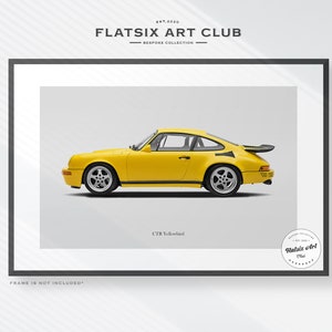 May include: A framed print of a yellow sports car, a classic model with a rear spoiler. The artwork is set against a white background, with the text "FLATSIX ART CLUB" at the top and "CTR Yellowbird" at the bottom. The frame is black.