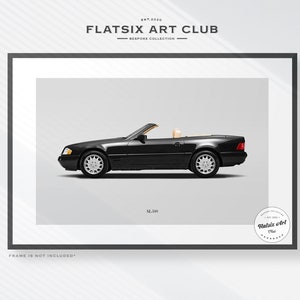 May include: Black Mercedes-Benz SL 300 convertible car print with the text "Flatsix Art Club" and "Bespoke Collection" at the top and "SL 300" below the car. The text "Frame is not included" is at the bottom of the print.