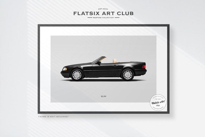 May include: Black Mercedes-Benz SL 300 convertible car print with the text "Flatsix Art Club" and "Bespoke Collection" at the top and "SL 300" below the car. The text "Frame is not included" is at the bottom of the print.