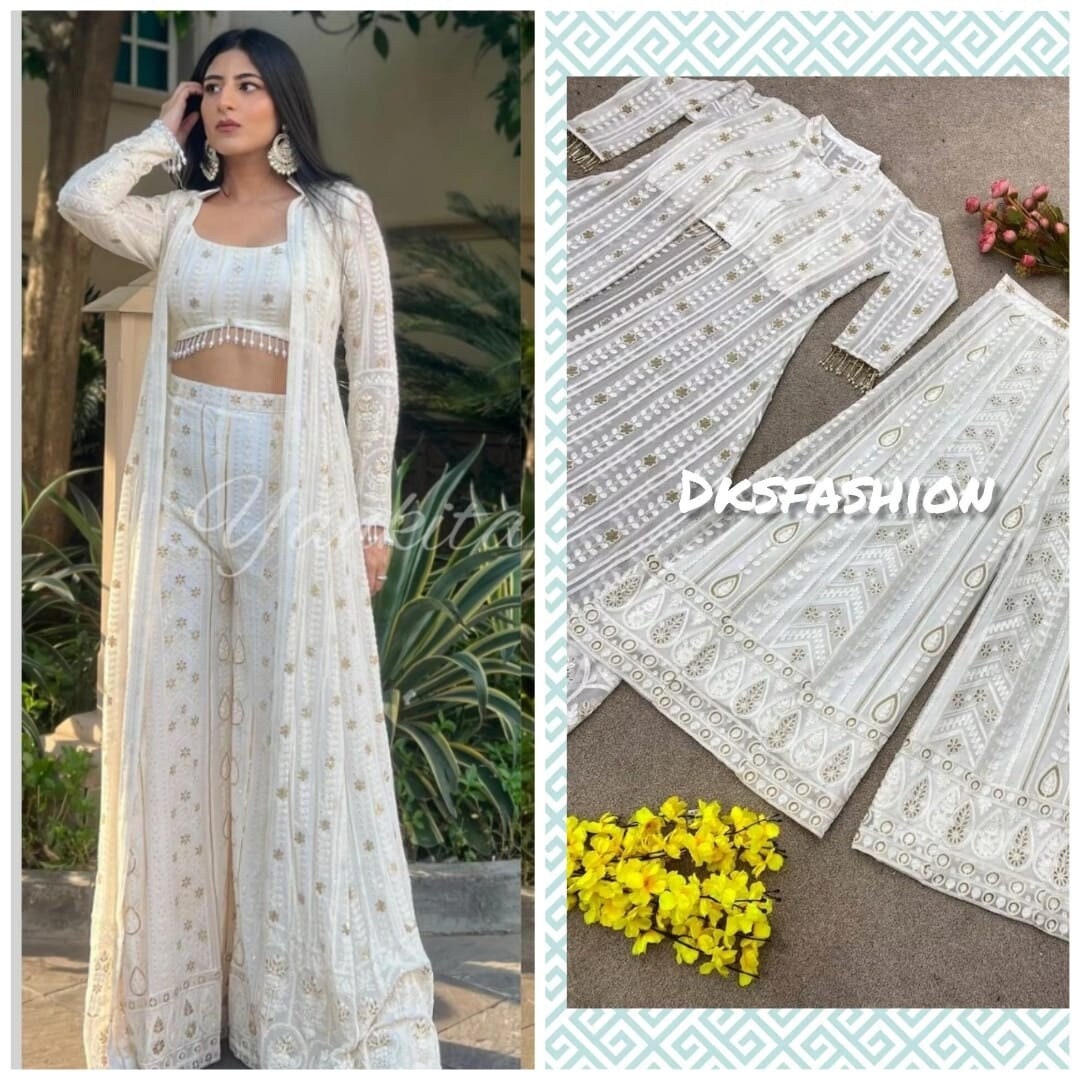 Crop top and pant set with shrug best sale
