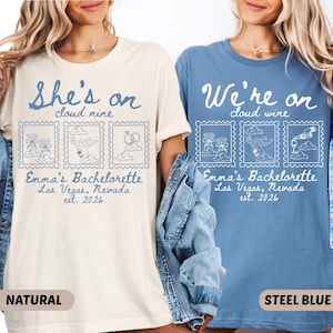 On Cloud 9 Bachelorette Shirt, Personalized Bride on Cloud 9, Patina Blue Doodle Tee, Custom Bach Squad, Match Made in Heaven Shirt