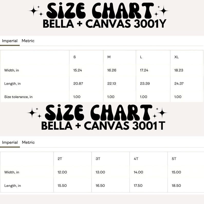 May include: A size chart for Bella + Canvas 3001Y and 3001T apparel. The chart displays width and length measurements in inches for various sizes, including S, M, L, XL, 2T, 3T, 4T, and 5T. Size tolerance is also provided.