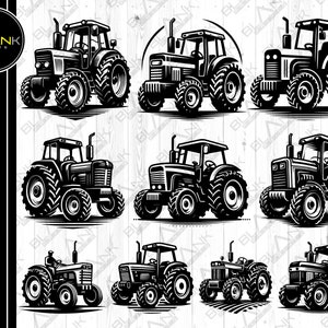 May include: A set of ten black and white vector illustrations of tractors. Each tractor is depicted in a side view with the wheels facing forward. The tractors have a detailed design with visible engine parts, wheels, and a driver's cab.