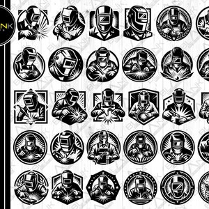 Pode incluir: Um conjunto de 20 ilustrações vetoriais em preto e branco de soldadores usando máscaras de solda e segurando tochas de solda. As ilustrações estão em várias poses e estilos, algumas com uma moldura circular, algumas com uma moldura quadrada e algumas com uma moldura em forma de escudo.