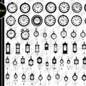 May include: A collection of black and white clock designs, including wall clocks, pocket watches, and grandfather clocks. The clocks feature Roman numerals and various decorative frames. The image includes the text "SVG • PNG • JPEG • EPS • DXF".