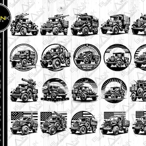 Vintage War Truck SVG-bundel: voertuigsilhouet (digitale download)