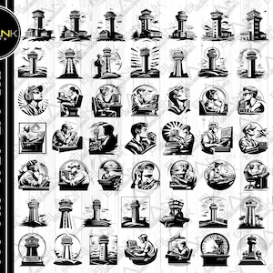 Könnte beinhalten: Ein Satz von 48 Schwarzweiß-SVG-Schnittdateien mit verschiedenen Designs von Kontrolltürmen. Die Designs umfassen Kontrolltürme mit Personen, die im Inneren arbeiten, Kontrolltürme mit Flugzeugen, die über ihnen fliegen, und Kontrolltürme mit verschiedenen Architekturstilen.