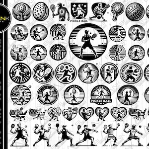 Peut inclure: Illustrations vectorielles en noir et blanc de joueurs de pickleball et d'équipements. Les illustrations sont dans une variété de poses et comprennent des raquettes, des balles et des filets. Le texte "Pickle Ball" est présenté au centre de l'image.