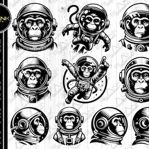 May include: A set of ten black and white illustrations of monkeys wearing astronaut helmets. The monkeys are in various poses, including standing, sitting, and floating in space. The illustrations are perfect for use in a variety of projects, such as t-shirts, mugs, and posters.