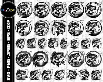 May include: A set of 30 black and white digital illustrations of a fish jumping out of the water with a fishing rod and lure. The fish is in a circle with a splash of water behind it.