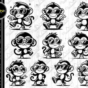 May include: A set of ten black and white illustrations of monkeys wearing sunglasses. The monkeys are in various poses, including standing, sitting, and jumping. The illustrations are in a cartoon style.