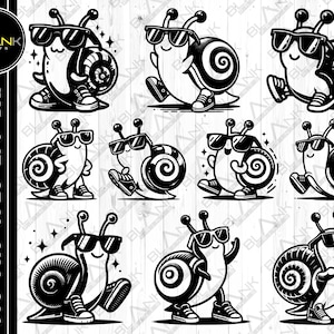 May include: A set of ten black and white digital clipart images of snails wearing sunglasses. The snails are in various poses, including walking, standing, and sitting. The images are perfect for use in crafts, scrapbooking, and other creative projects.