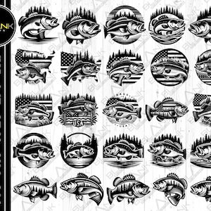 May include: A set of 20 black and white digital clipart images of bass fish in various poses. The fish are depicted in different settings, including a lake, a river, and a pond. The images are perfect for use in crafting projects, scrapbooking, and other creative endeavors.