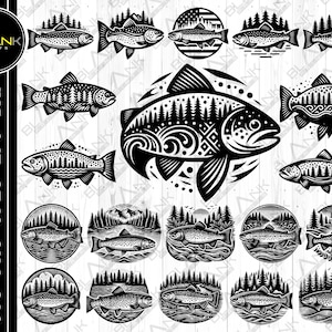 trout fish bundle svg png jpeg eps dxf bundle silhouette cricut clipart commercial use custom trout fishing mountain forest fisherman svg