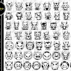 Op de afbeelding: Een verzameling zwart-wit cartoon duivel illustraties in verschillende poses en stijlen. Sommige zijn full-body figuren, andere zijn cirkelvormige gezichtsontwerpen. De afbeelding bevat de tekst "BLANK PRINTS" en bestandstype opties: SVG, PNG, JPEG, EPS en DXF.