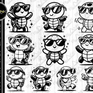 May include: Black and white digital art featuring cartoon turtles wearing sunglasses. The turtles are in various poses, some with their arms raised, others dancing. The image includes the text "SVG • PNG • JPEG • EPS • DXF".