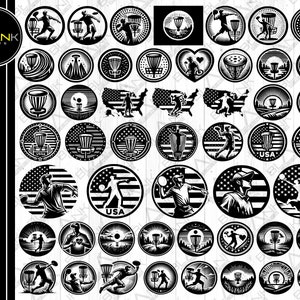 Könnte beinhalten: Eine Sammlung von schwarz-weißen Designs zum Thema Discgolf. Die Designs sind kreisförmig und zeigen Discgolfkörbe, Spieler beim Werfen von Scheiben und Elemente der amerikanischen Flagge. Das Bild enthält den Text "BLANK PRINTS" und Dateitypoptionen.
