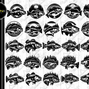 May include: A set of 20 black and white digital illustrations of bass fish in a variety of poses. The fish are surrounded by trees and water. The illustrations are perfect for use in crafting projects, scrapbooking, or digital design.