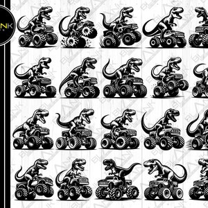 t-rex monster truck svg png jpeg eps dxf bundle silhouette cricut commercial use custom t-rex dinosaur riding monster truck birthday boy svg