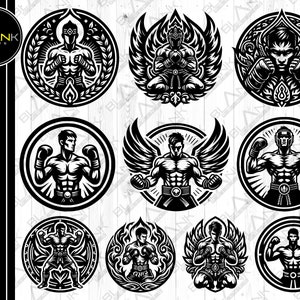 Puede incluir: Diez ilustraciones en blanco y negro de luchadores de Muay Thai en varias poses. Cada ilustración está enmarcada en un círculo con elementos decorativos.