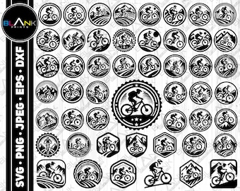 May include: A collection of black and white mountain biking-themed graphics. The designs feature cyclists on bikes, set within circular, hexagonal, and square frames. Some designs include mountain and landscape elements.