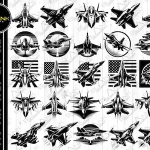 Puede incluir: Un conjunto de 24 ilustraciones vectoriales en blanco y negro de aviones de combate. Los aviones se muestran en varios ángulos y poses, incluyendo volar, aterrizar y despegar. Algunos de los aviones se muestran con banderas americanas en sus colas.