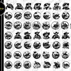 May include: A selection of black and white turtle illustrations. Some turtles are wearing sunglasses or hats, and others are set in circular scenes with tropical plants and beach settings. The image includes the text "BLANK PRINTS".