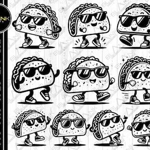 May include: Black and white cartoon illustrations of tacos wearing sunglasses and sneakers. The tacos have smiling faces and are in various poses, including walking and giving a thumbs up. The image includes the text "SVG • PNG • JPEG • EPS • DXF".