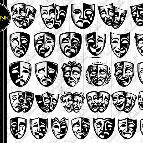 comedy tragedy mask svg png jpeg eps dxf bundle silhouette cricut clipart commercial use custom comedy tragedy mask movie silhouette svg