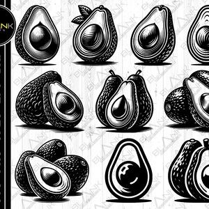 May include: A set of ten black and white illustrations of avocados. The avocados are drawn in a vintage style and show the fruit whole, halved, and sliced.