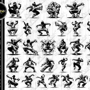 Puede incluir: Un conjunto de 30 ilustraciones vectoriales en blanco y negro de bailarines en varias poses. Los bailarines llevan todos sudaderas con capucha y pantalones. Las ilustraciones son perfectas para usar en diseños, impresiones y otros proyectos creativos.