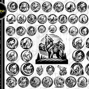 May include: A set of 36 black and white wolf silhouette illustrations. The wolves are in various poses, including howling, running, and standing. The illustrations are perfect for use in crafting projects, scrapbooking, or digital design.