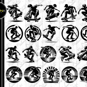 May include: A set of 16 black and white SVG cut files featuring skateboarders performing tricks. The designs are perfect for creating custom t-shirts, mugs, stickers, and other crafts.