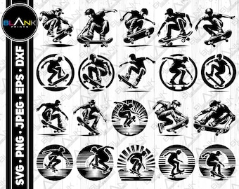 May include: A set of 16 black and white SVG cut files featuring skateboarders performing tricks. The designs are perfect for creating custom t-shirts, mugs, stickers, and other crafts.