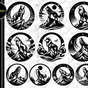 mystical wolf bundle svg png jpeg eps dxf bundle silhouette clipart cricut vector commercial use custom wolf mountain animal wolf vector svg