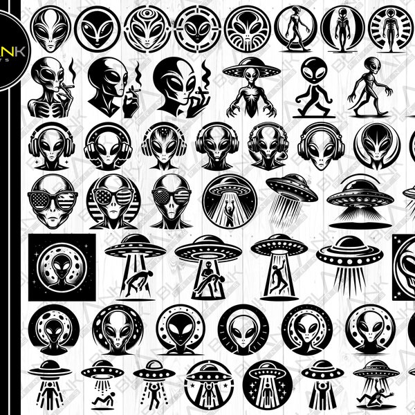 alien ufo bundle svg png jpeg eps dxf bundle silhouette cricut commercial use alien ufo bundle abducting human alien face head walking alien