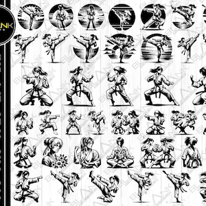 Op de afbeelding: Een set van 24 zwart-wit digitale illustraties van mensen in karatehoudingen. De illustraties tonen verschillende poses, waaronder stoten, trappen en blokkeren.