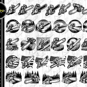 May include: A set of 24 black and white digital clipart images featuring a chainsaw cutting through a log. The images are in various poses and angles, including a chainsaw cutting through a log, a chainsaw cutting through a log with a flag in the background, and a chainsaw cutting through a log with trees in the background.