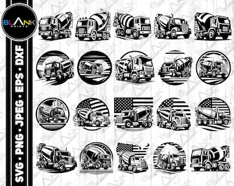 May include: A set of 16 black and white vector illustrations of cement mixer trucks. The trucks are shown in various poses, including driving, turning, and parked. Some of the trucks are shown with American flags in the background.