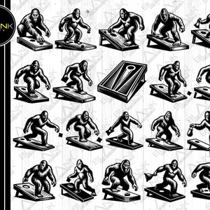 Puede incluir: Una descarga digital de 16 ilustraciones en blanco y negro de un Bigfoot jugando a un juego de cornhole. Las ilustraciones son de estilo vintage y son perfectas para usar en una variedad de proyectos.