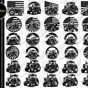 May include: A set of 25 black and white tractor illustrations with American flag backgrounds. The tractors are in various poses, some with a plow, some with a trailer, and some with a bale of hay. The illustrations are perfect for use in a variety of projects, such as scrapbooking, card making, and digital design.