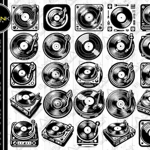 May include: A set of 24 black and white illustrations of vintage record players. The illustrations are in a variety of styles, including some with a retro look and others with a more modern design. The illustrations are perfect for use in a variety of projects, such as scrapbooking, card making, and digital design.