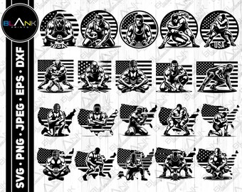Op de afbeelding: Een set van 18 zwart-witte digitale worstelclipart-afbeeldingen. De afbeeldingen tonen worstelaars in verschillende poses, waaronder een worstelaar in een knielende positie, een worstelaar in een staande positie en een worstelaar in een takedown-positie. Sommige afbeeldingen tonen het woord "USA" op het uniform van de worstelaar.